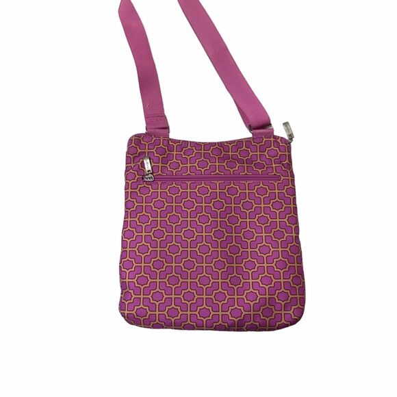 BAGGALLINI Horizion Crossbody pink purple gold Trellis Print 2 Front Zip Pockets - Picture 2 of 11